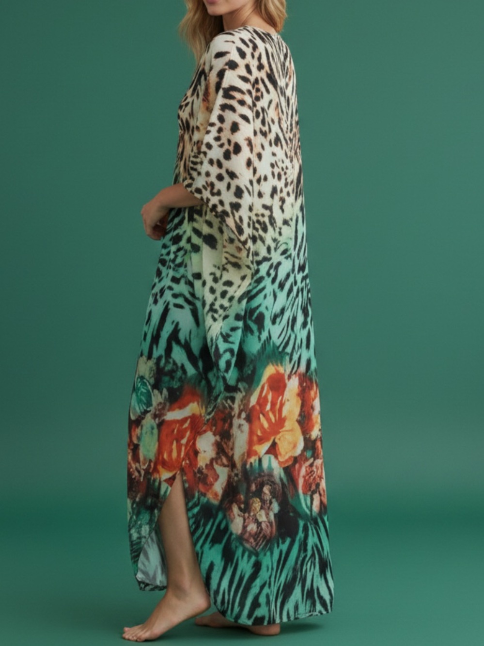Women’s Green Floral & Animal Print Swim Cover-Up Kaftan